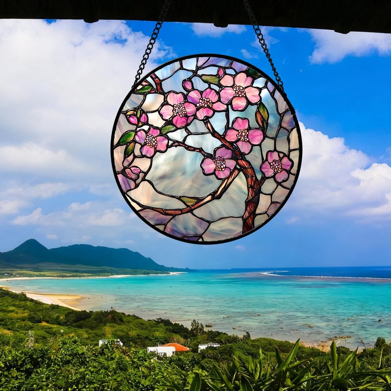 QZQCBLC Stained Glass Window Hanging Pink Flowers 7.8" - Green Leaves Suncatcher Door Garden Sun Catcher Home Decor Birthday Christmas for Mom Men Woman Friends Nana Wife