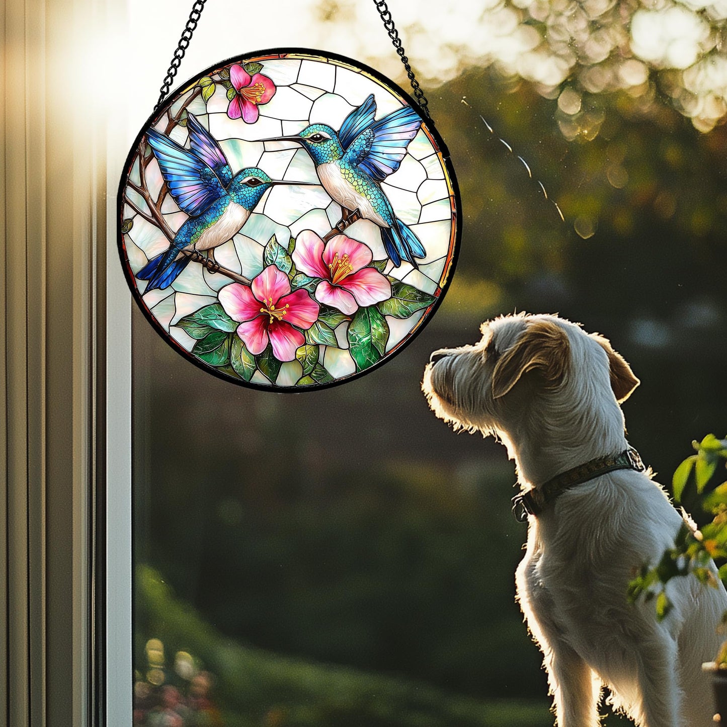 JOSUMALY Stained Glass Window Hanging - Blue White Hummingbirds Pink Flowers Suncatcher for Door Terrace Garden Home Decor Bird Sun Catcher Birthday Gifts for Lovers Women Men Dad Mom Nana 7.8 in
