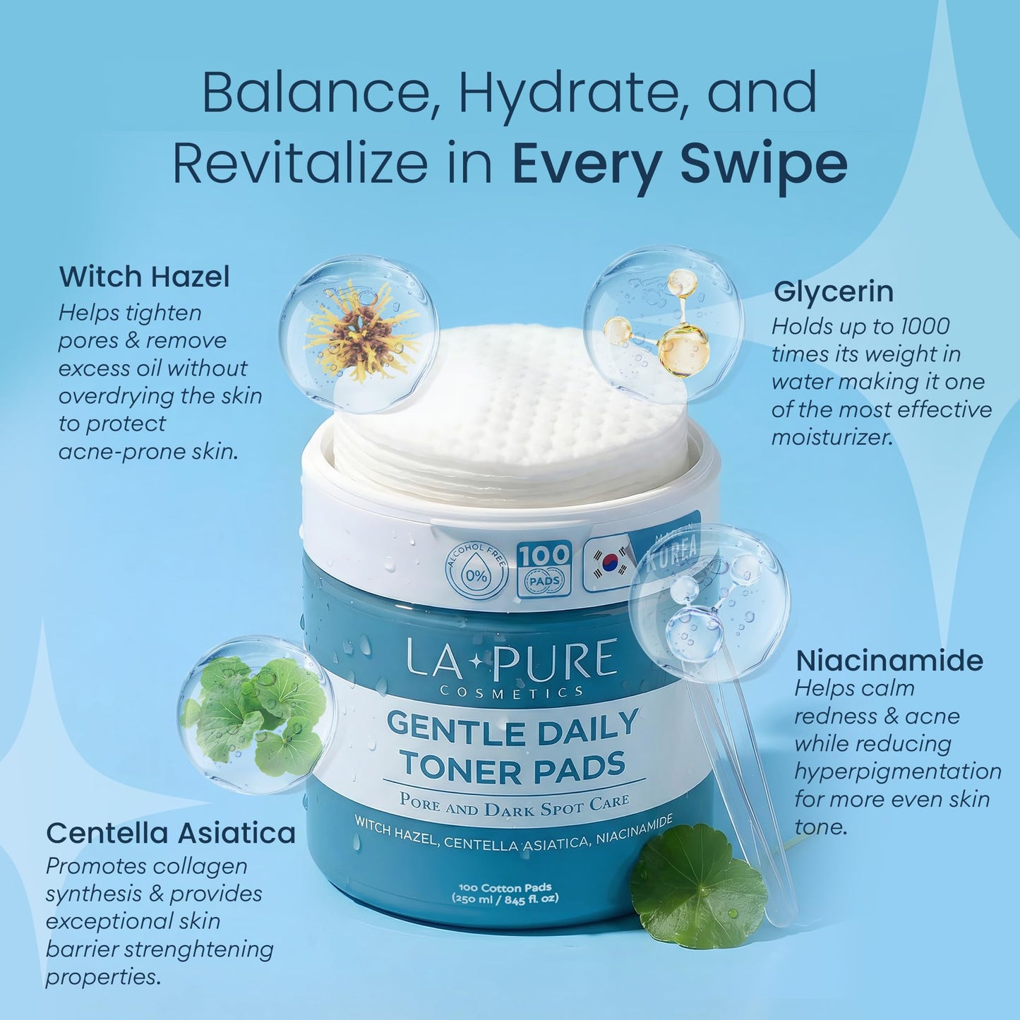 LA PURE Korean Toner Pads for Face - Alcohol-Free Exfoliating Pads with Witch Hazel, Centella Asiatica & Niacinamide to Exfoliate, Hydrate, Refine Pores & Improve Look of Dark Spots, 100 Ct
