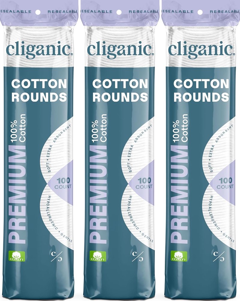 Cliganic Premium Cotton Rounds - Hypoallergenic Makeup Remover Pads, Lint-Free | 300 Count, 100% Pure Cotton