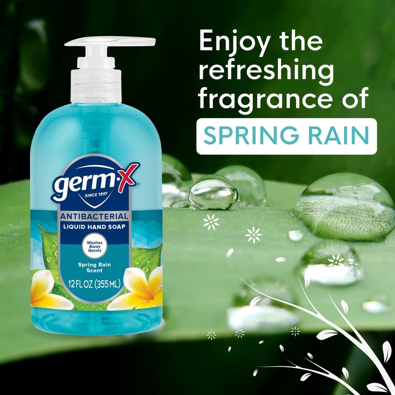 Germ-X Antibacterial Hand Soap, 12 Oz (Pack 4), Moisturizing Liquid Hand Wash for Kitchen or Bathroom, pH Balanced & Dermatologist Tested, Spring Rain Scent, Pump Bottle