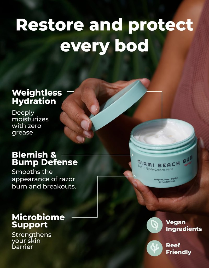 Miami Beach Bum Bum Body Cream - 6.7 oz Bum Lotion Oregano Aloe + Jojoba Daily Moisturizer for Skin Health, Razor Bumps, Keratosis Pilaris, Ingrown Hairs, Sunburns, Blemishes