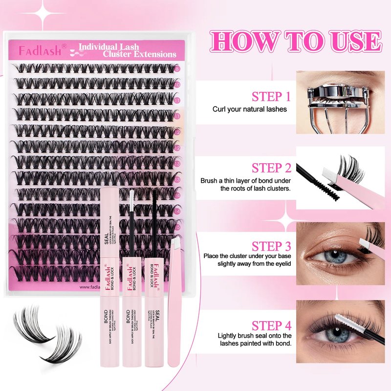 FADLASH Lash Clusters Kit 280PCS Natural Eyelash Clusters Individual D Curl Cluster Eyelash Extensions 8-16mm with Lash Bond and Seal Lash Tweezer for Beginners Soft Thin Band (40D-0.07D-8-16mm KIT)