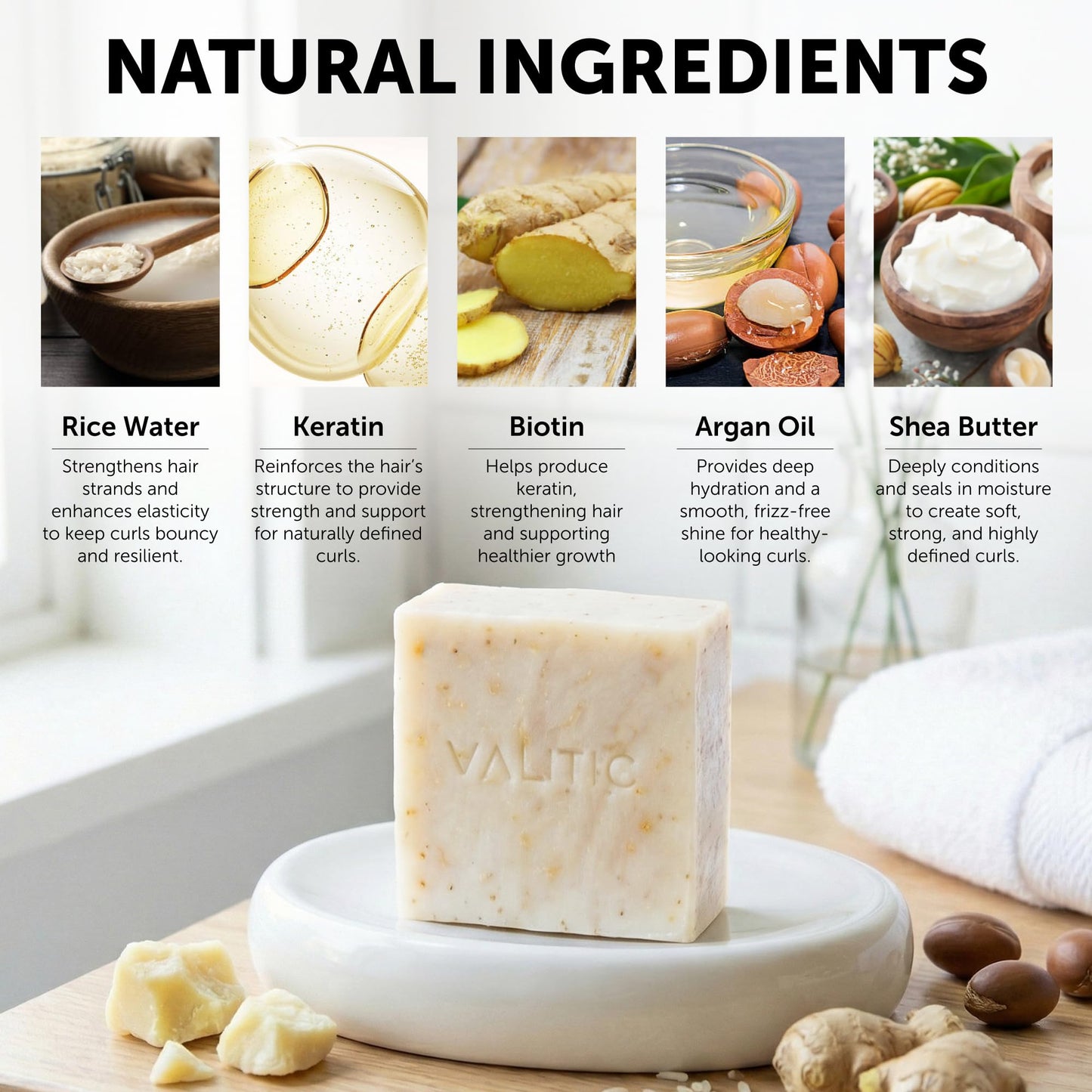 VALITIC Curly Hair Shampoo Bar - Sustainable Solid Shampoo for Hair Strengthening, Made with Rice Water, Vitamin C, Argan and Keratin - Define Natural Waves - Paraben Free, Sulfate Free, Vegan