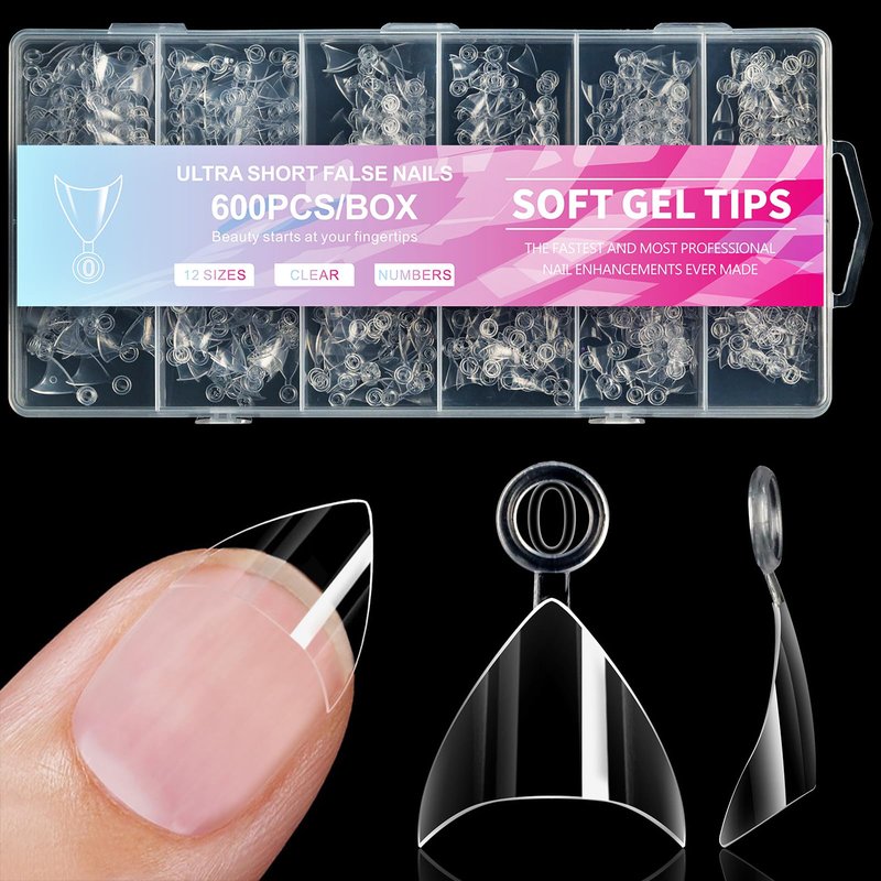 Bellelfin Short Stiletto Nail Tips, 600Pcs Extra Short Almond Soft Gel Nail Tips Clear Fake Nails Acrylic Nails Tips Half Cover False Nails for DIY Nail Salon