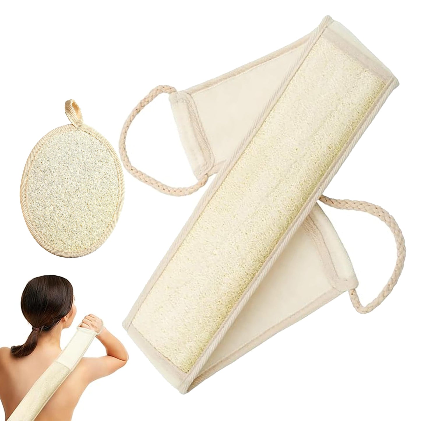 2 Pack Bath Set Natural Loofah Exfoliating Body & Back Scrubber for Bath Shower,Organic Luffa Body Scrubber for Men and Women,Loofah Sponge to Clean Your Back Deeply (Beige)