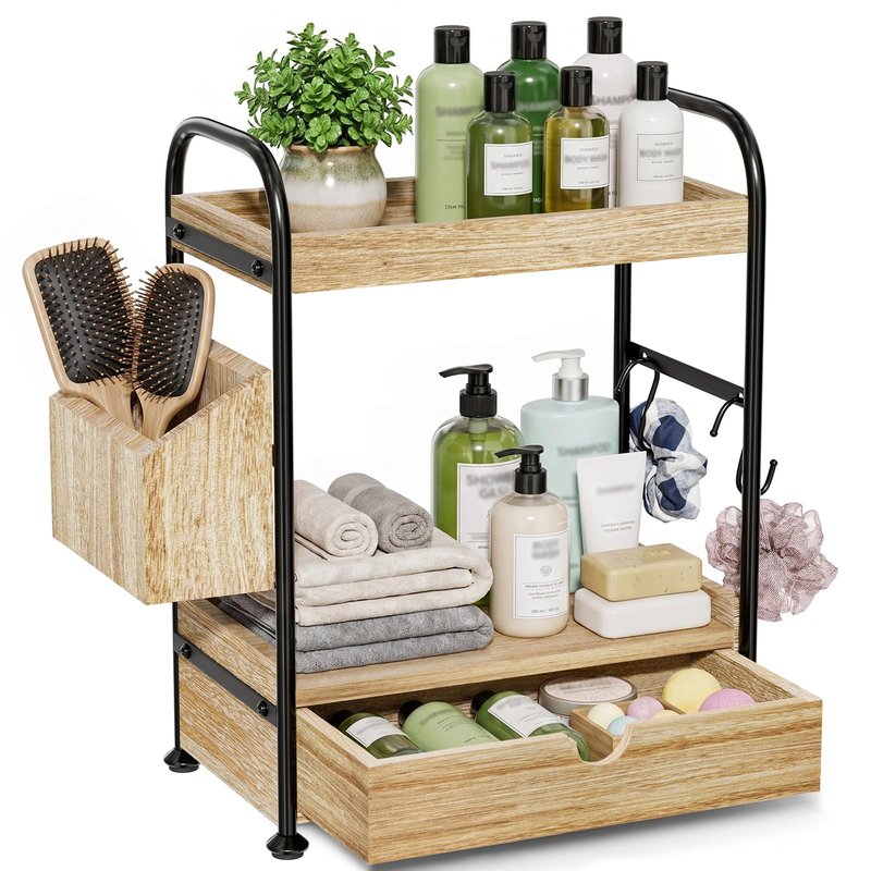 Kottwca 2-Tier Bathroom Counter Organizer with Drawer, Wooden Vanity Skincare Storage Shelf with Thickened Metal Frame, Countertop Shelf with Basket & Hooks for Makeup Organization,Light Brown