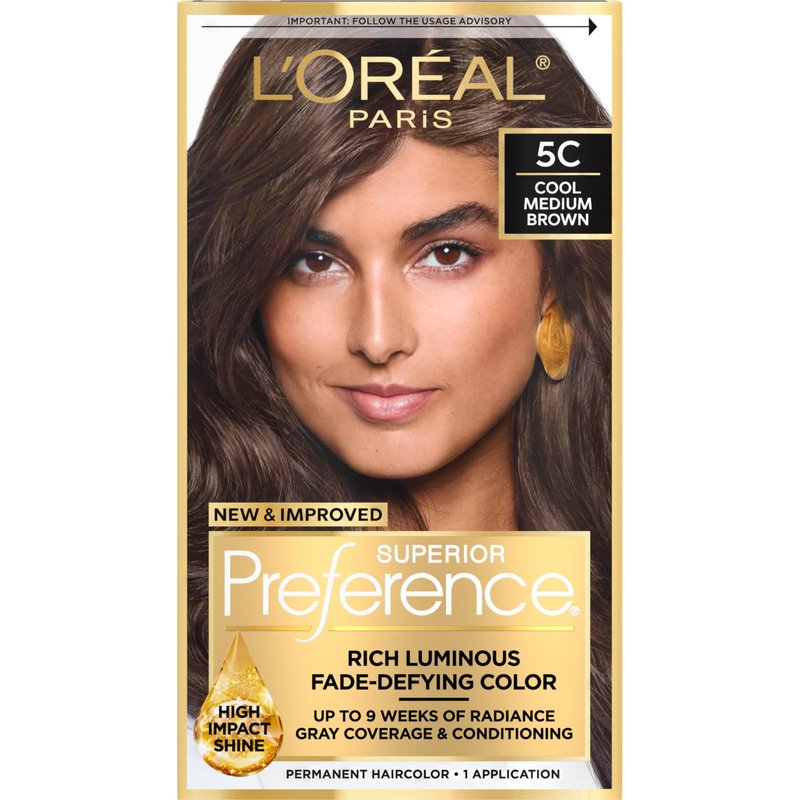 L'Oreal Paris Superior Preference Luminous Fade-Defying Permanent Hair Color, Hair Dye For Up to 9 Weeks of Radiance, Cool Medium Brown 5C, 1 Hair Dye Kit
