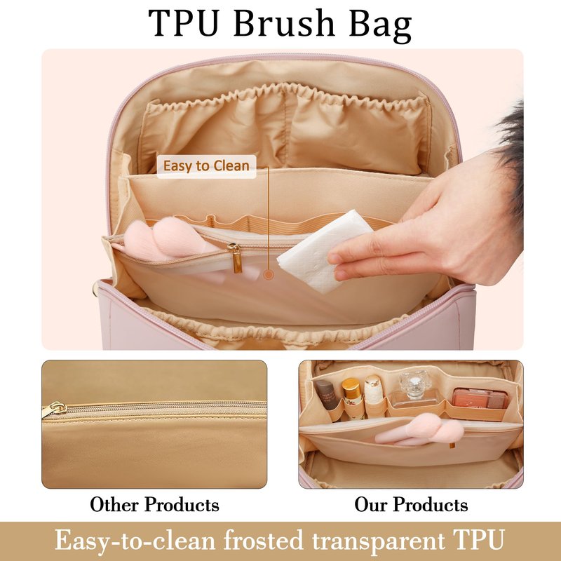 CLOUDWINGS Initial Makeup Bag Gifts for Women Bridesmaid Gifts Travel Toiletry Personalized PU Leather Waterproof Cosmetic Bag (Large-Brown-E)