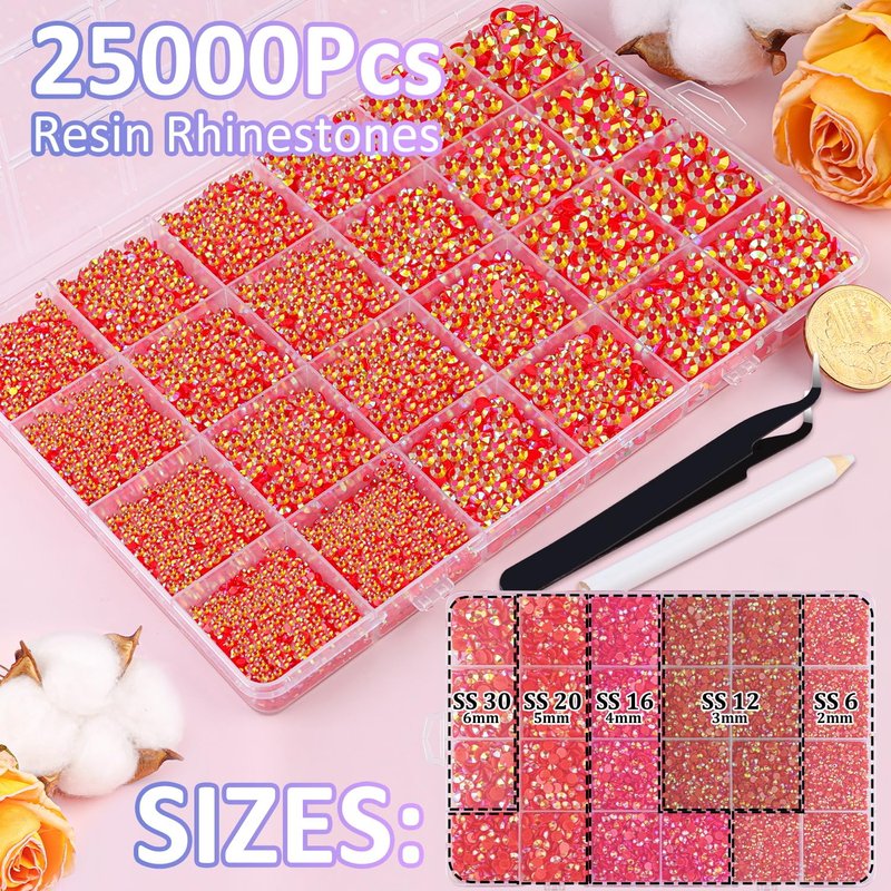 25000Pcs Resin Rhinestones for Crafting, Red AB 2-6mm Mixed Sizes Non Hotfix Flatback Gems with 1Pcs Glue, Bedazzling Crystal for DIY Craft Clothing Mugs Tumblers Shoes Fabric Decor Nail Art