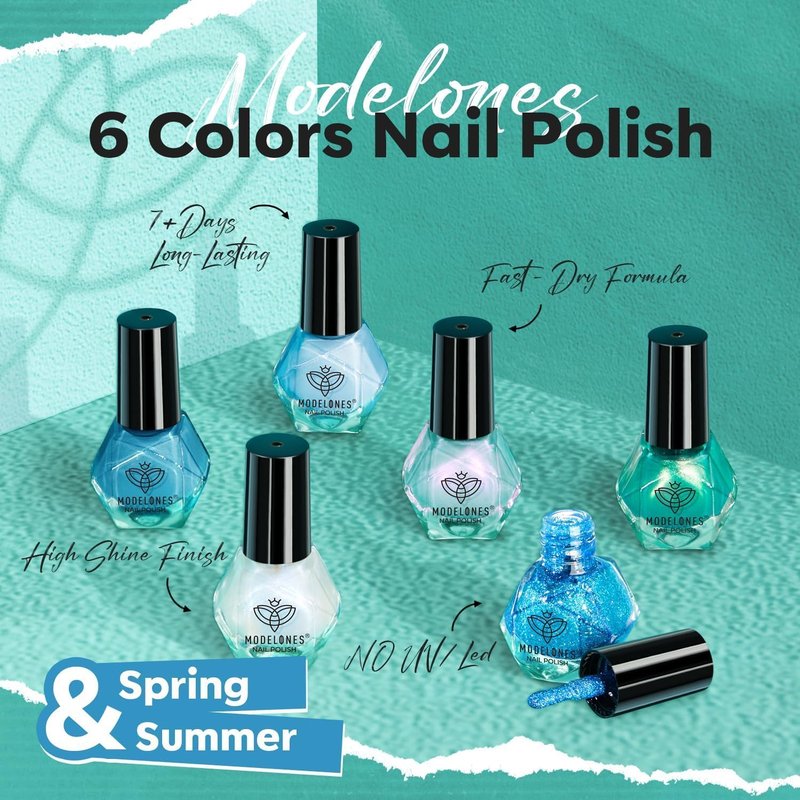 modelones Blue Nail Polish Set, 6 Colors Spring Summer White Green Glitter Pearl Mermaid Quick Dry Mini Starter Kit, Long Lasting Art DIY Manicure Set at Home for Women Girls