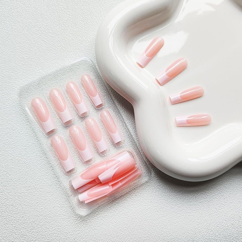 Long Press French Nails - Pinkish-White Acrylic Tip - Full Cover Glossy False Nails with Minimalist Design - 24 Pcs