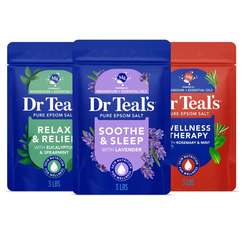 Dr Teal's Epsom Salt Magnesium Soak, Lavender, Eucalyptus & Wellness Trio, 3 lbs (Pack of 3)
