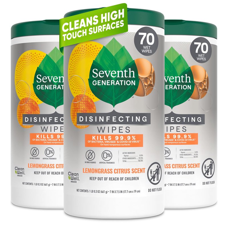 Seventh Generation Disinfecting Wipes, Lemongrass Citrus, 70 Count, 3 Pack, Botanical Multi-Surface Cleaner Kills 99.9% Germs, No Bleach, Plant-Based Formula for Home, Kitchen, Bathroom, Car Interior