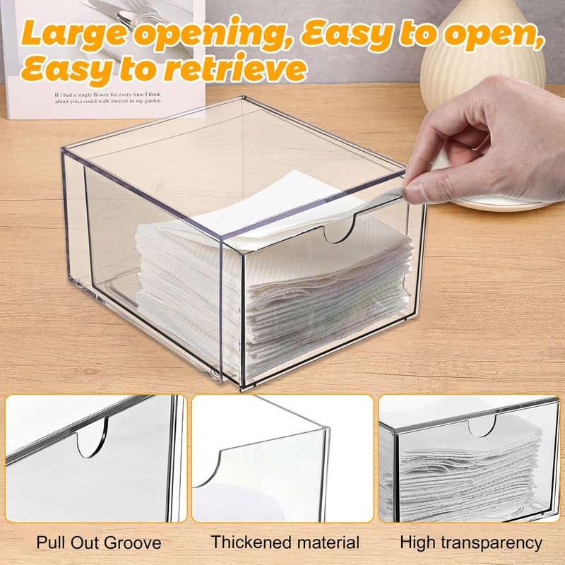 cobee Disposable Face Towel Holder, Acrylic Face Towel Storage Box Bin Container Stackable Clear Makeup Organizer with Drawer for Vanity Bathroom Makeup Organization
