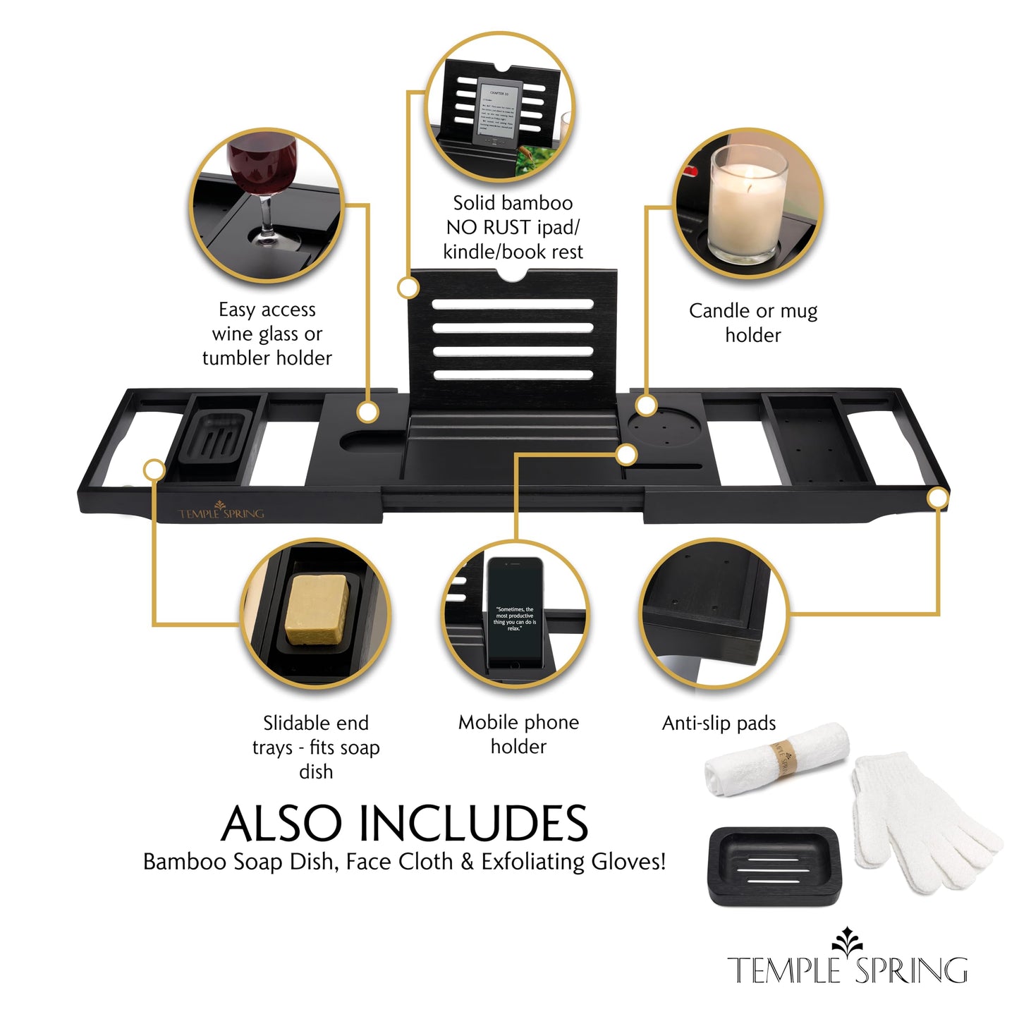 Temple Spring Bamboo Bathtub Tray Caddy for Tub — Expandable Wood Bath Tray with Solid Book Stand Wine Holder and Non-Slip Pads — Includes Bamboo Soap Dish and Spa Accessories — Luxury Bath Gift Set