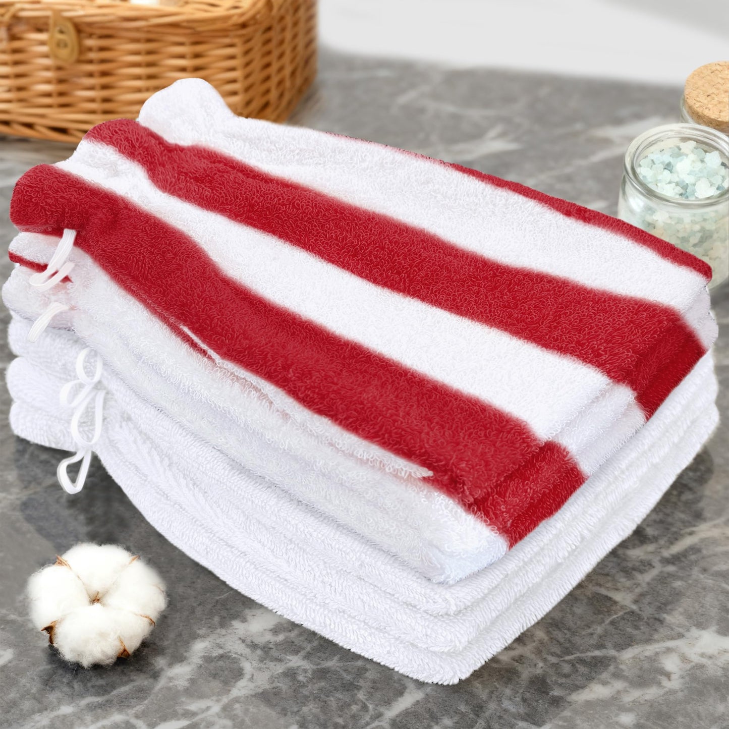 VOOVA & MOVAS Wash Mitts for Body 6-Pack, 100% Cotton Soft Absorbent Wash Cloths with Hanging Loop, 8.3x6.3 Inch European Style Wash Gloves for Shower & Spa, Red Stripe & White