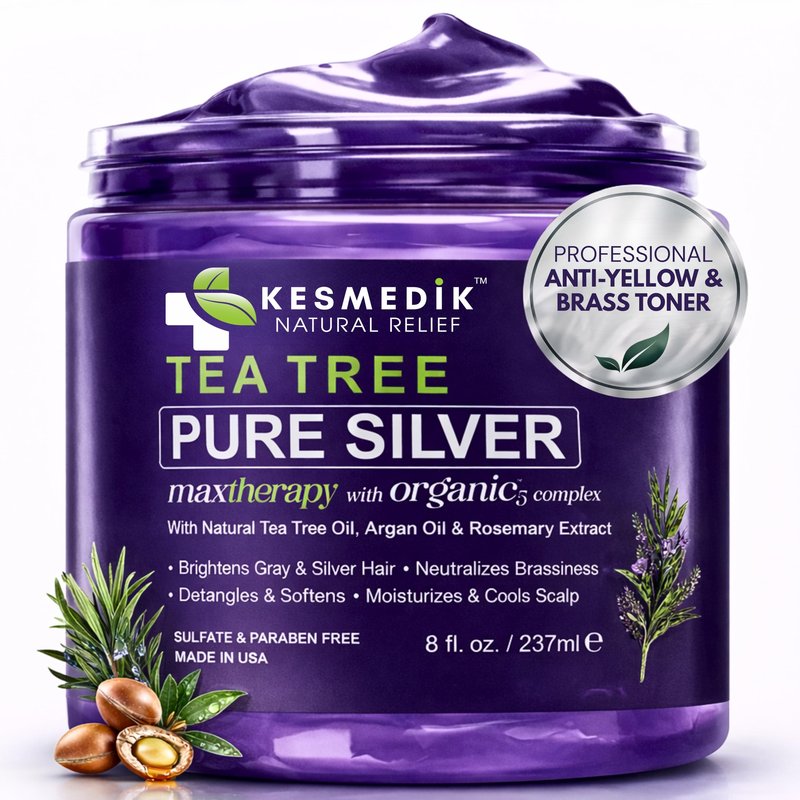 KESMEDIK Tea Tree Purple Hair Mask Toner with Argan Oil, Deep Conditioner for Dry Damaged Bleached, Blonde Silver White & Gray Hair Toner, Itchy Scalp Relief, Removes Brassy & Yellow Tones