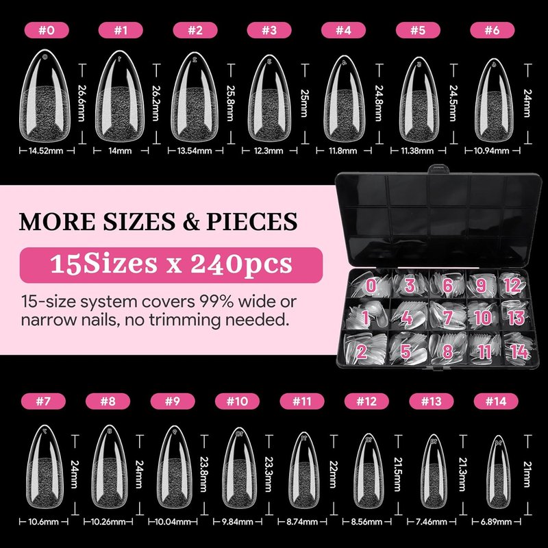 Skiennix Medium Almond Nail Tips - 240 PCS Clear Soft Press-On Extensions | 15 Sizes for DIY & Salon Use