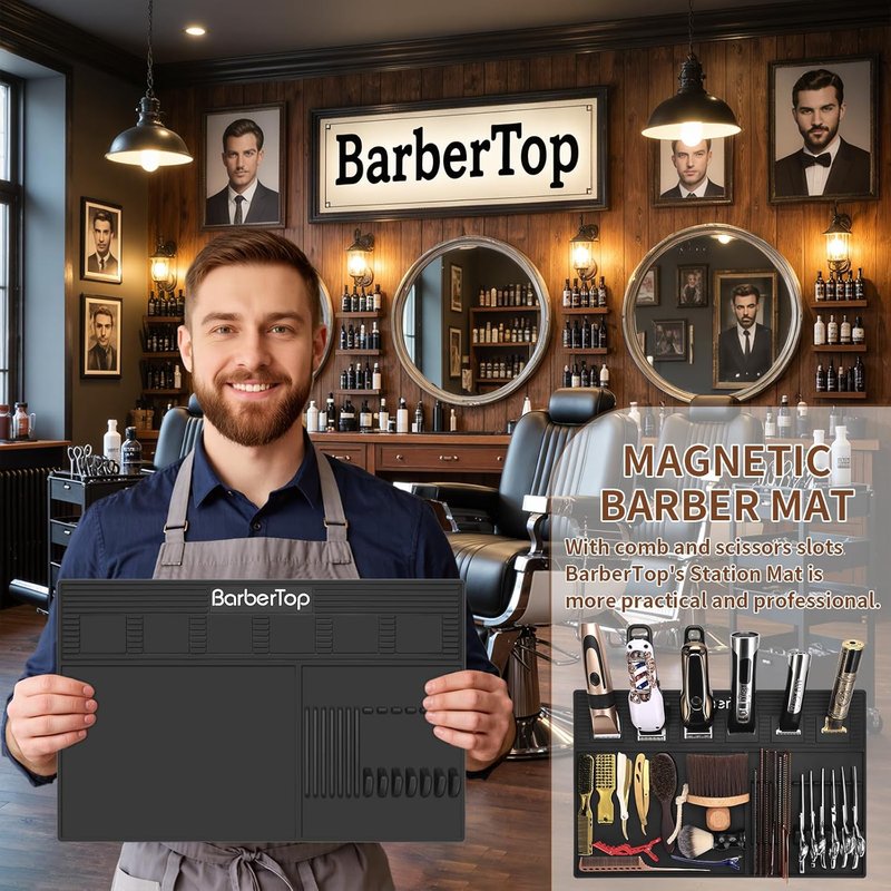 Magnetic Barber Mat for Clippers - Anti-Slip Heat Resistant Organizer with 6 Magnets | 19.29"x12.6" Grooming Station Pad