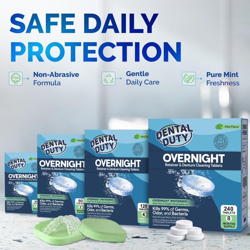 60 units Overnight Retainer & Denture Cleaning Tablets- Extra Strength, Best Cleaner Removes Bad Odor, Plaque, Stains from Retainers, Night Guards, Mouth Guard, & Dental Appliances.