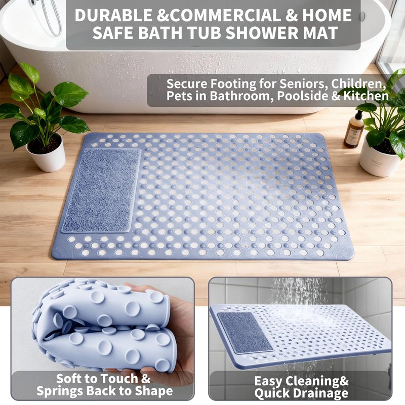 Merleu Bath Tub Shower Mat with Soft Shower Foot Scrubber Mat for Massage,Non Slip Bathtub Mat with Strong Suction Cups, Silicone Shower Foot Scrubber Mat (Dusty Blue, 31.5" X 19.7"(Rectangular))