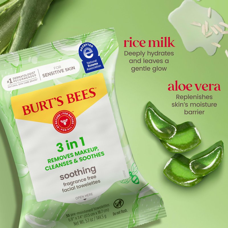 Burt’s Bees Soothing, Fragrance Free Facial Towelettes for Sensitive Skin, Aloe Vera, 100% Plant Based Cloths; 99% Natural Origin; Removes Makeup, Dirt and Oil; No Rinsing; 30 Ct, Pack of 3