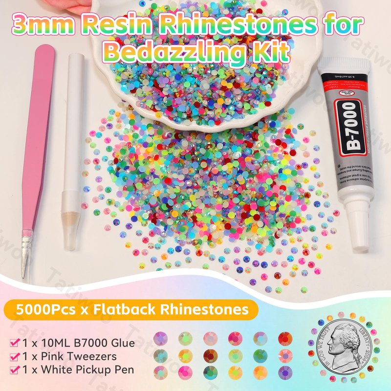 5000Pcs 3mm Rhinestones Bedazzling Kit with Tools, Color Jelly Resin Rhinestones for Bedazzling, Flatback Resin Gems for Crafts, Bedazzler Kit for Clothing Shoes DIY Face Makeup Tumblers