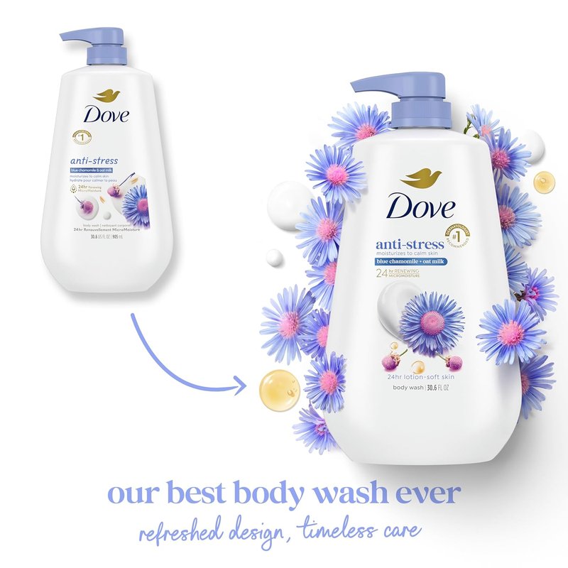 Dove Body Wash - Anti-Stress Blue Chamomile & Oat Milk | 30.6 oz Moisturizing Cleanser for Soft Skin