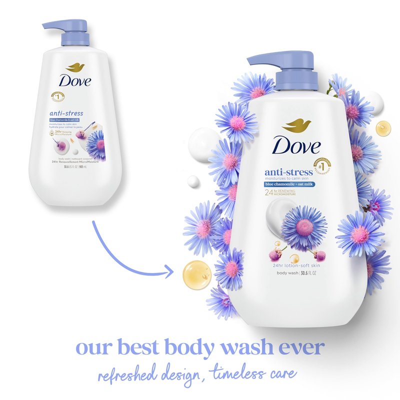 Dove Body Wash with Pump Anti-Stress Blue Chamomile & Oat Milk, for 24hr Lotion-Soft Skin Moisturizing Skin Cleanser with No Sulfates No Parabens 30.6 oz