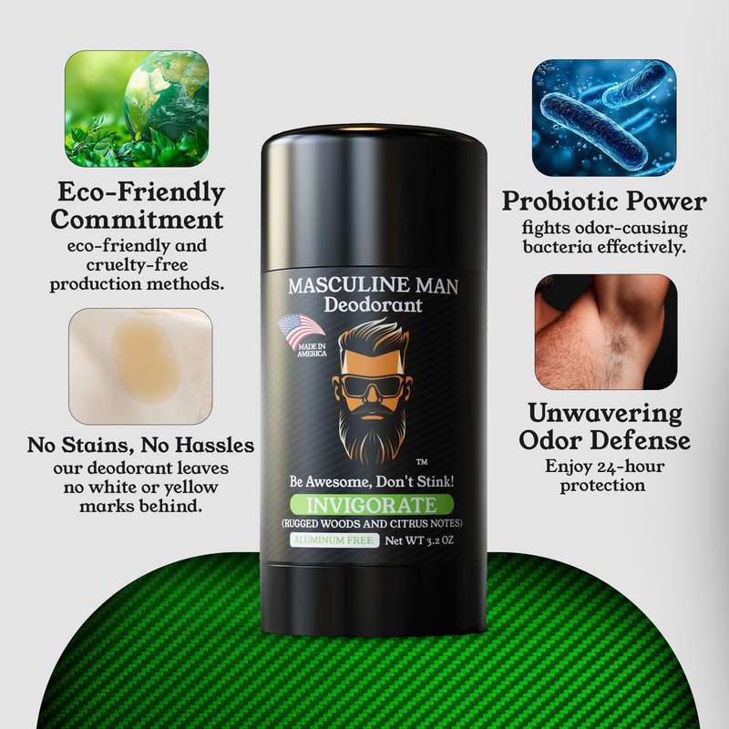 MASCULINE MAN Deodorant for Men - Aluminum Free Mens Deodorant - Natural Deodorants - Sweat Protection for Underarm, Stain-Free Stick Deodorants, Made in USA, 3.2oz (Pack of 2, Invigorate)