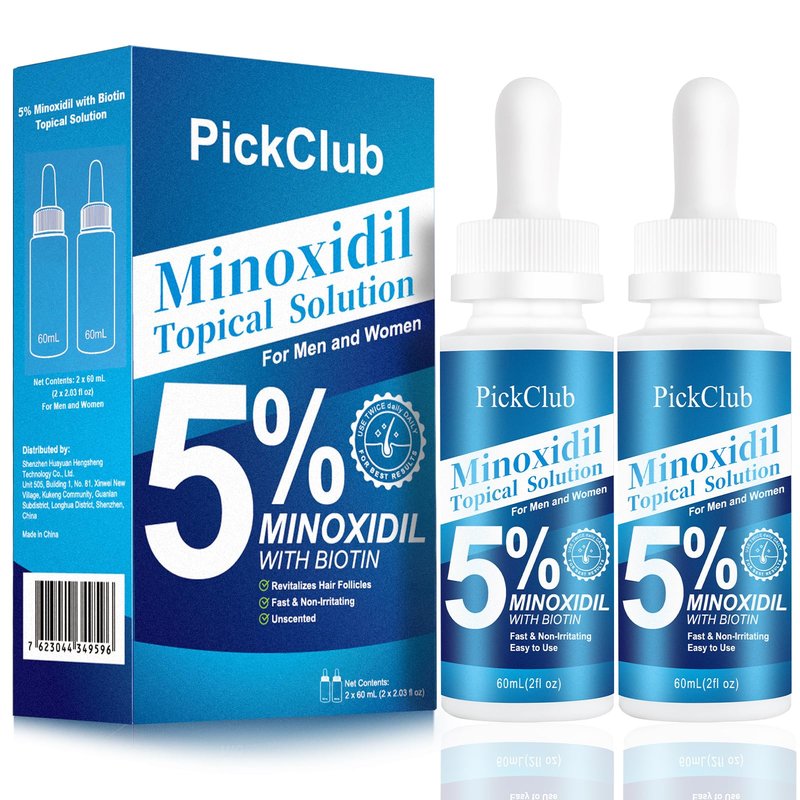 Pickclub 5% Minoxidil with Biotin for Men and Women – Hair and Beard Regrowth Serum, Unisex, Gentle, 2-Pack (Total 4.06 fl oz)
