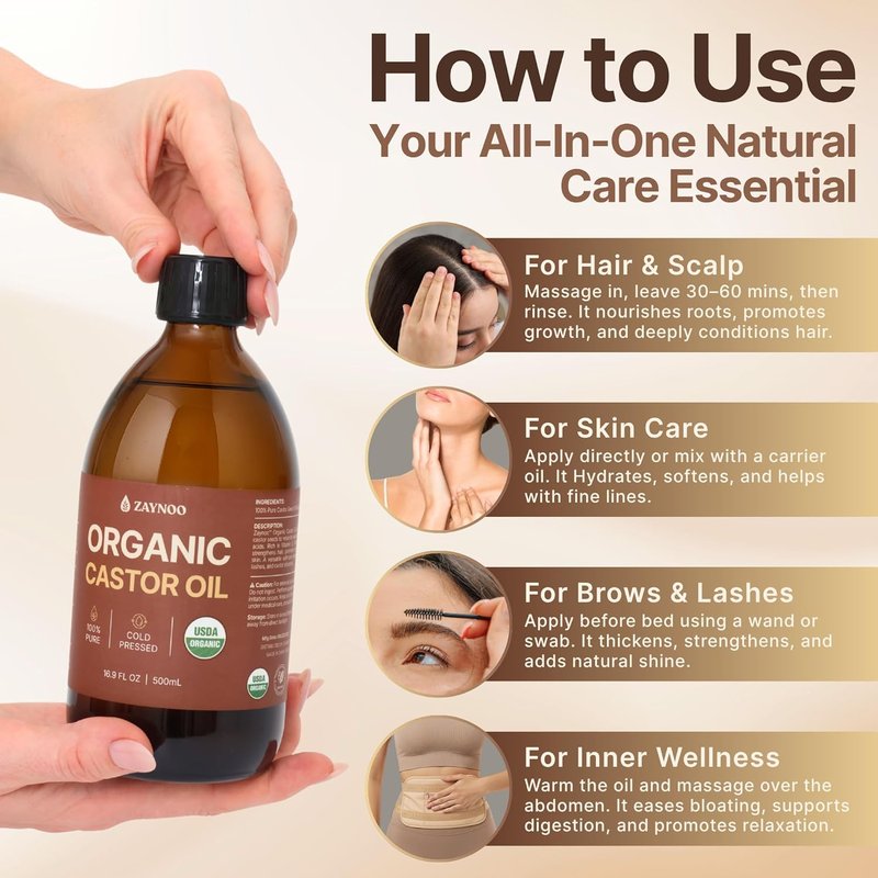 Organic Castor Oil - 100% Pure Cold Pressed for Hair Growth & Skin Care | 16.9 fl oz in BPA-Free Pump Bottle