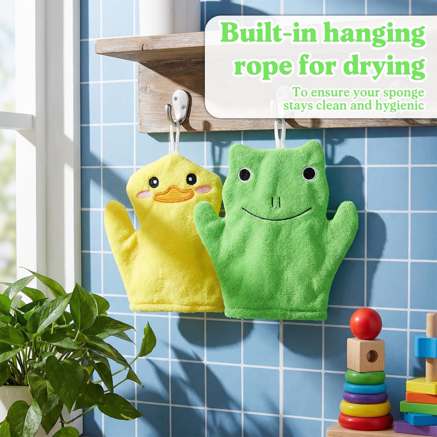 FNANJWQ 2 Pieces Baby Bath Mitt Washcloths Gloves, Microfiber Soft Washcloths for Kids Designed in Cute Animal Yellow Duck Frog Gentle Scrub for Baby Girl Boy Bath Shower
