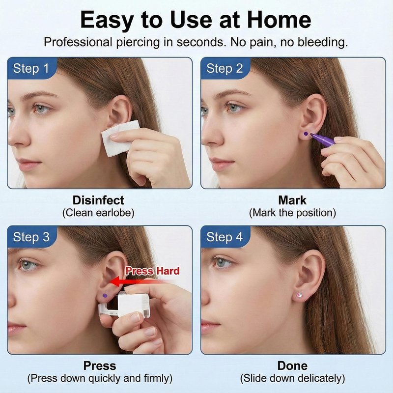 QSKISS G23 Titanium Ear Piercing Kit, ASTM F136 Implant Grade 4mm Pink Studs for Sensitive Ears, Professional Painless Home Piercer, hygienic Disposable with 8 Ear Covers & 10 Clear Studs