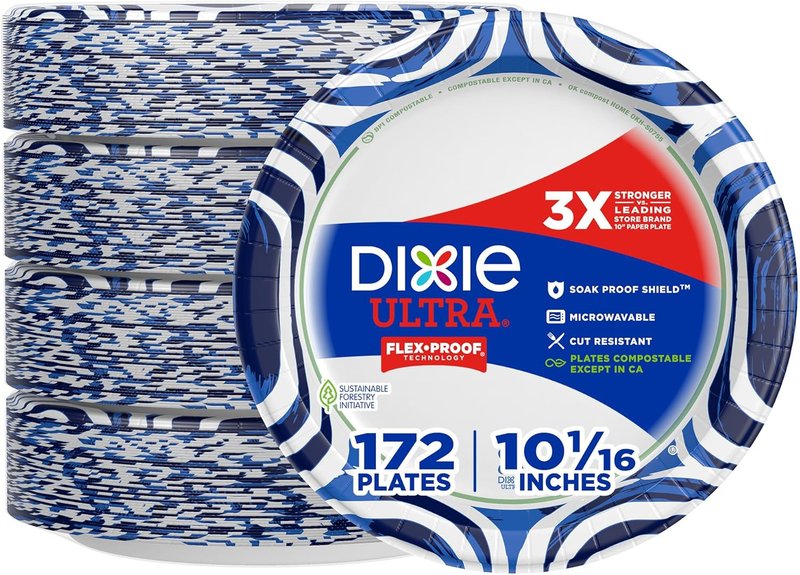 Dixie Ultra Large Paper Plates - 10 Inch, Heavy Duty, Microwave-Safe, Soak-Proof | 172 Count