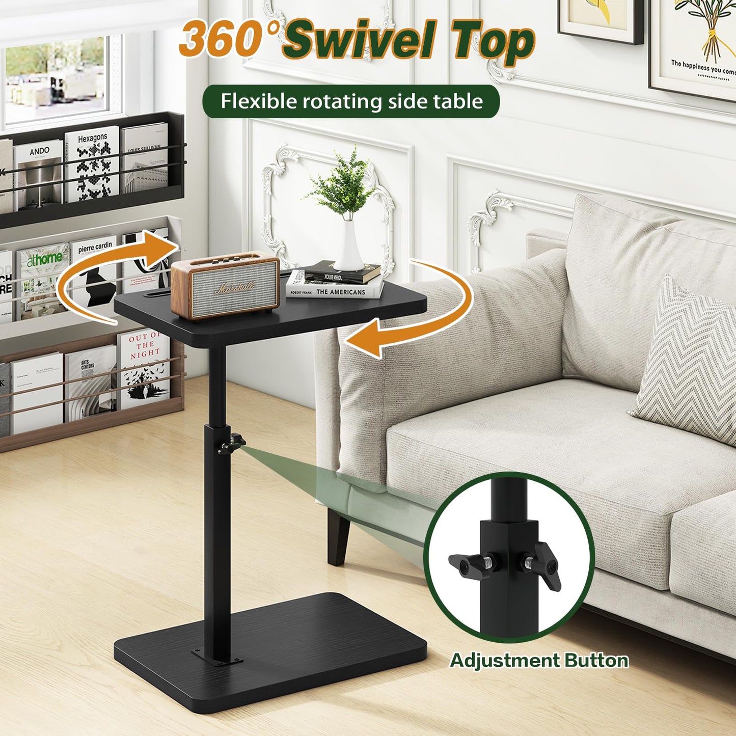 IBUYKE C Shaped Side Table, 360° Swivel Height Adjustable End Table for Small Spaces, with Phone & Tablet Slot, Modern Small Coffee Snack Table for Sofa/Bed, Black UTVT003B