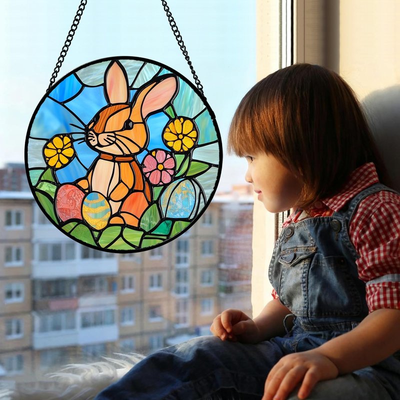QZQCBLC Stained Glass Window Hanging Rabbit Easter Egg 6.3" - Bunny Suncatcher Door Garden Sun Catcher Home Decor Birthday Christmas for Mom Men Woman Wife Friend Nana