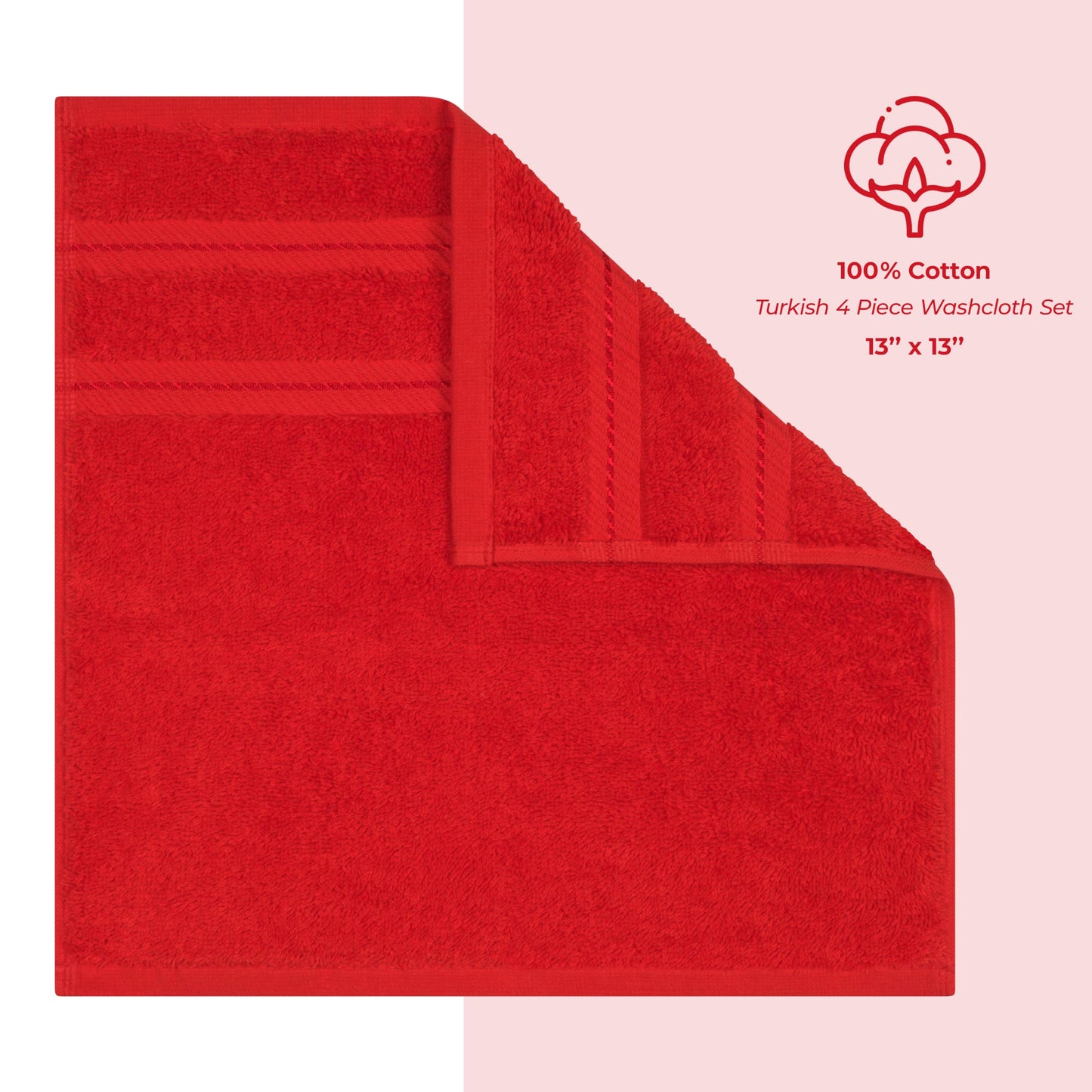 American Soft Linen Luxury Washcloths for Bathroom, 600 GSM 100% Cotton 4 Piece Turkish Wash Cloth Set, 13x13 in Soft Rags for Body and Face, Red Washcloths