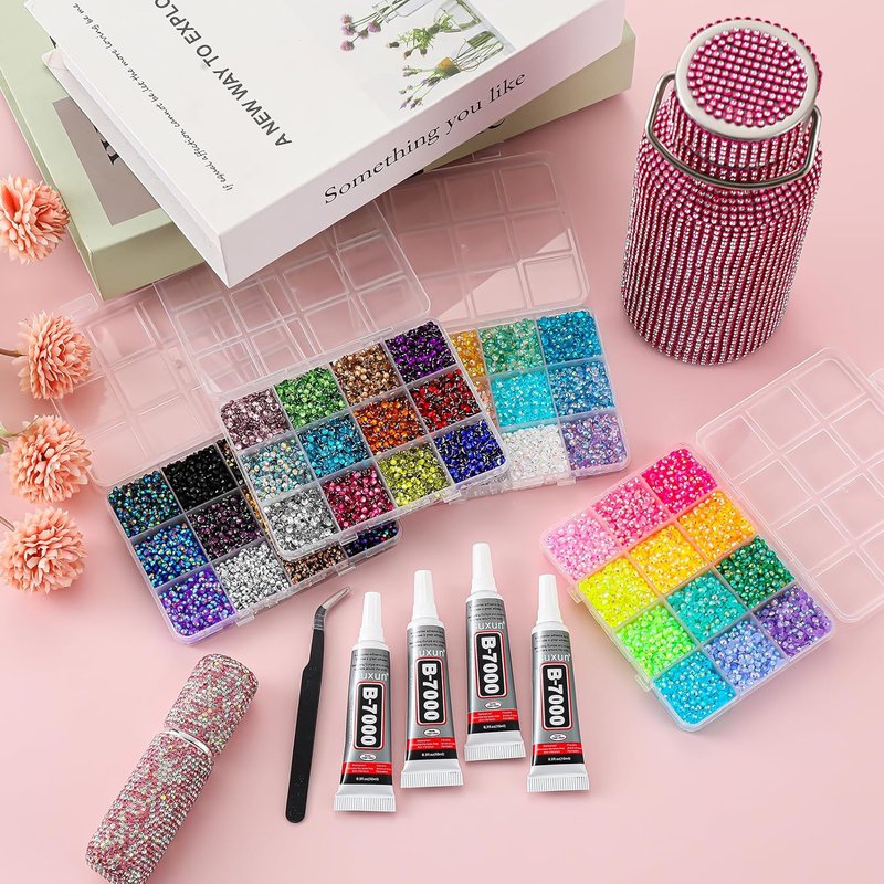 Resin Flatback Rhinestones - 32000 Pcs Multicolor Craft Kit with 4 Pcs B7000 Glue | 3mm Bedazzler Gems for Clothing, Shoes, Cups