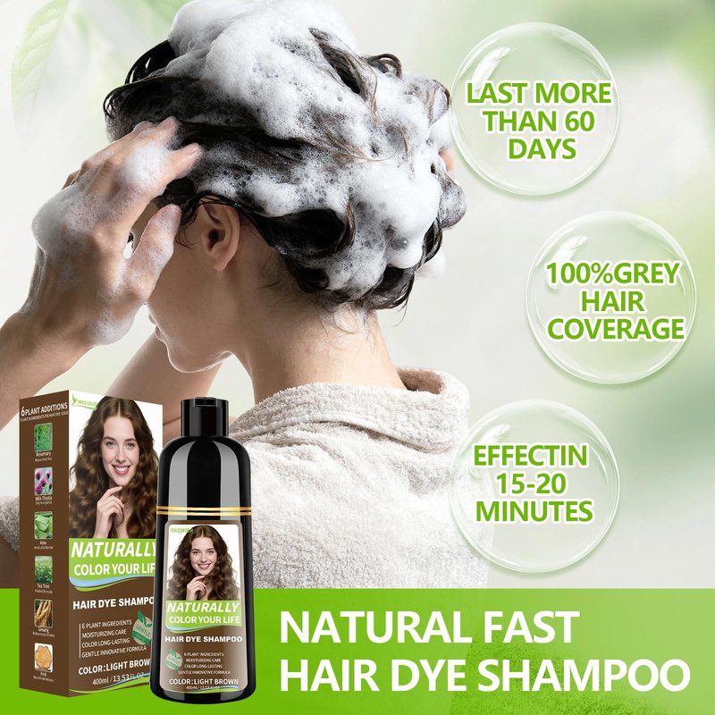 RKQNIER Light Brown Hair Dye Shampoo for Women & Men, 20 Min Gray Coverage, 3 in 1 Semi-Permanent Hair Color Shampoo with Natural Herbal Ingredients