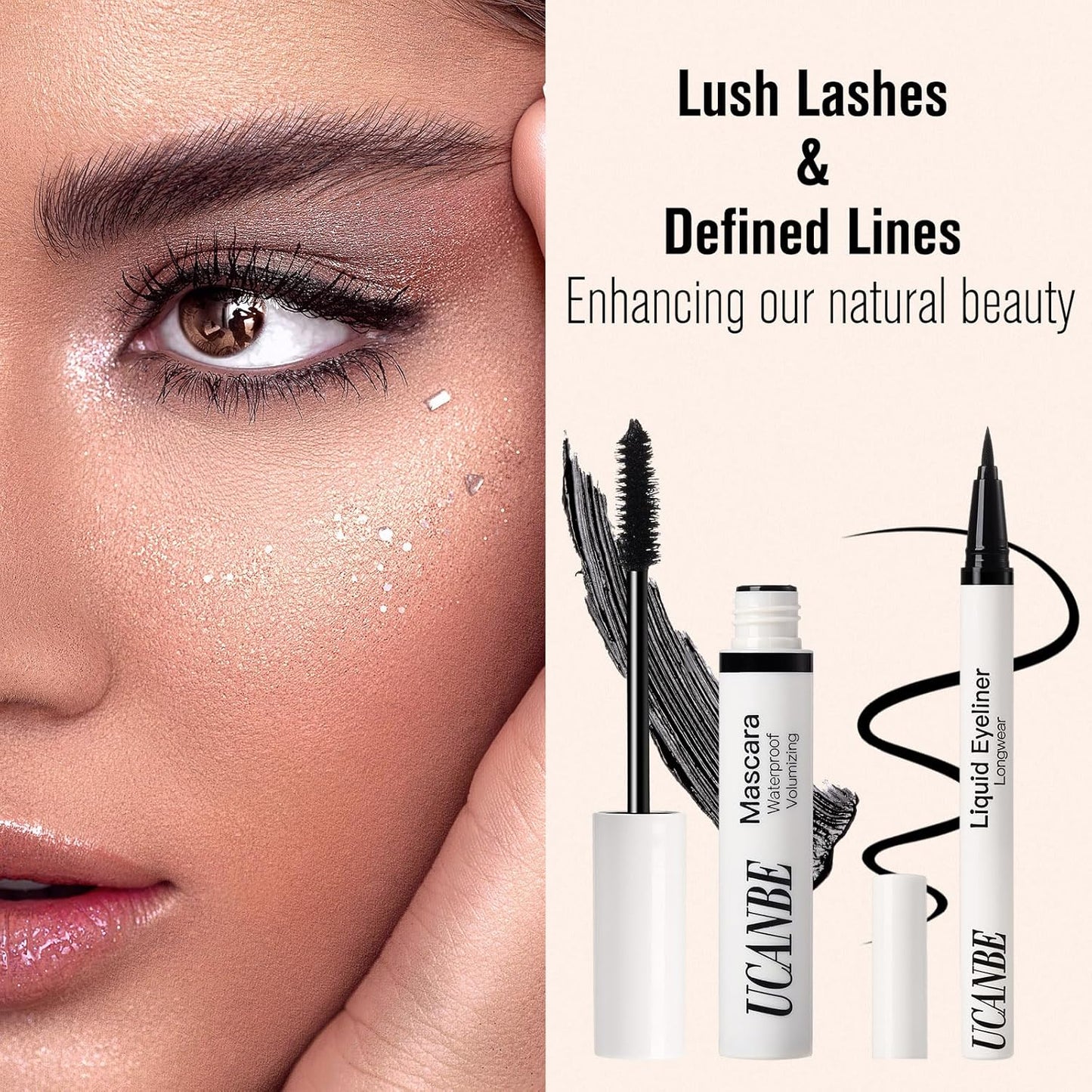 UCANBE Black Mascara and Liquid Eyeliner Set, Waterproof Colored Eye Makeup Duo - Enhance Your Gaze with Natural Lasting Lift & Curl for Lashes and Pigmented Smudge-Proof Eye Liner