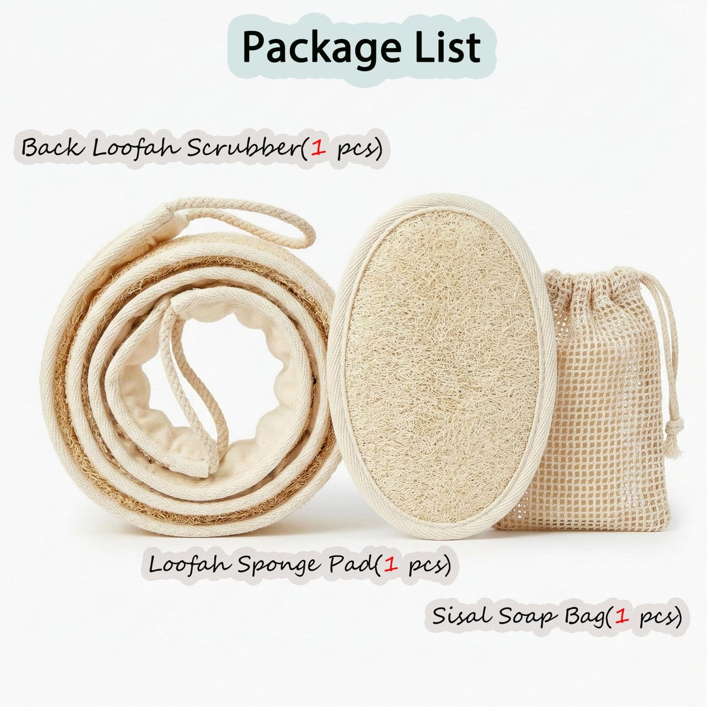JouiiSiYa Natural Loofah Back Scrubber for Shower for Men and Women, Exfoliating Loofah Sponge with Soap Saver (1Back+1Pad+1Bag)
