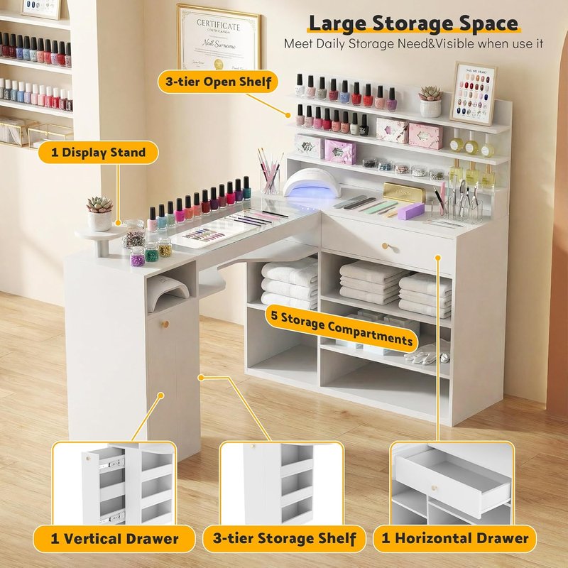 Manicure Table - 60-Inch L-Shaped Nail Desk with Glass Top | White with Shelves & Drawer Storage