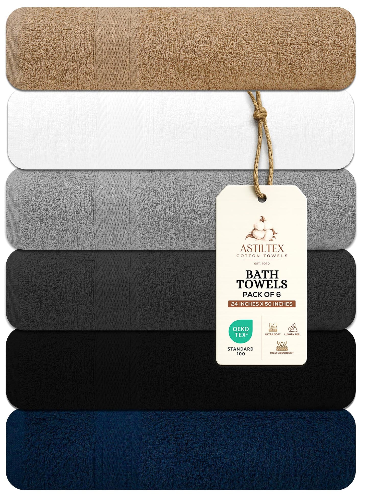 Large Bath Towels Pack of 6 – 24" x 50", 100% Cotton Terry – Soft, Quick-Dry & Highly Absorbent – Multi Assorted Towels for Bathroom, Spa, Shower, Pool & Daily Use