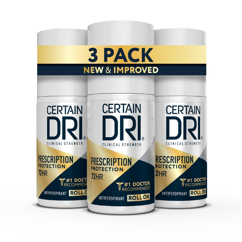 Certain Dri Prescription Strength Clinical Antiperspirant Roll-On - 72-Hour Sweat & Odor Protection for Excessive Sweating & Hyperhidrosis - 15% Aluminum Chloride - Fragrance-Free - 1.2 fl oz (3 Pack)