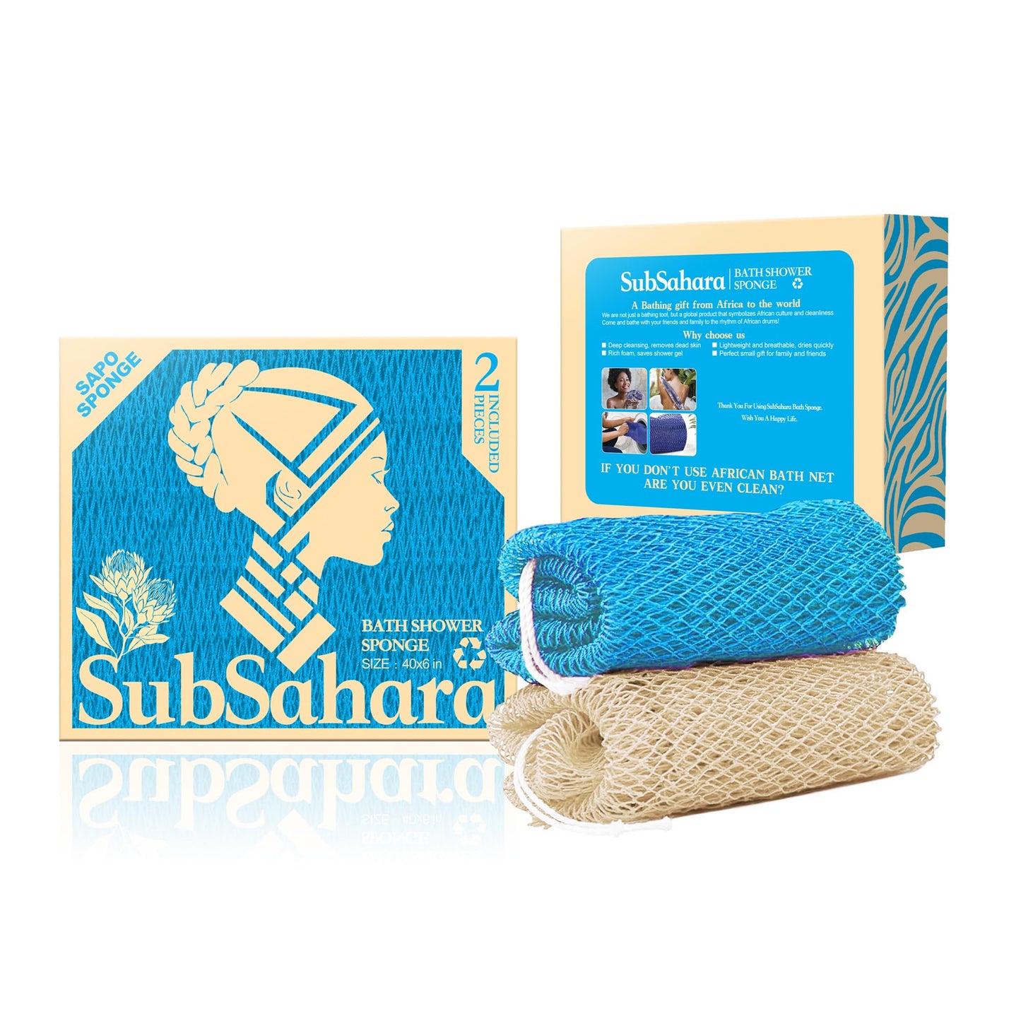 SubSahara Authentic African Net Sponge - 2 Pack Exfoliating Bath & Shower Loofah Sponge for Body & Face, Gentle Scrubber for All Skin Types, Travel, Durable (Linen & Sky Blue)