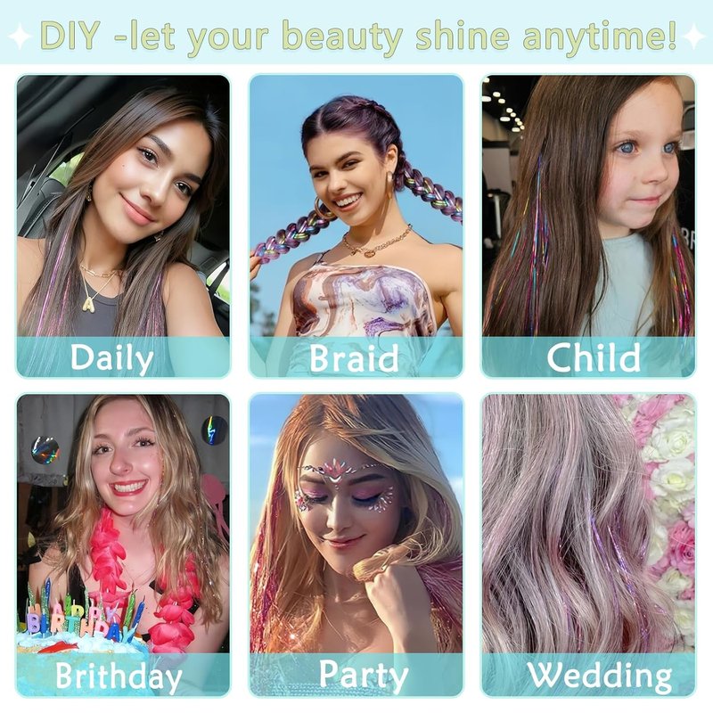 Skiennix Hair Tinsel Kit - 18 Colors of Holographic Hair Extensions | Heat Resistant Glitter for Festivals