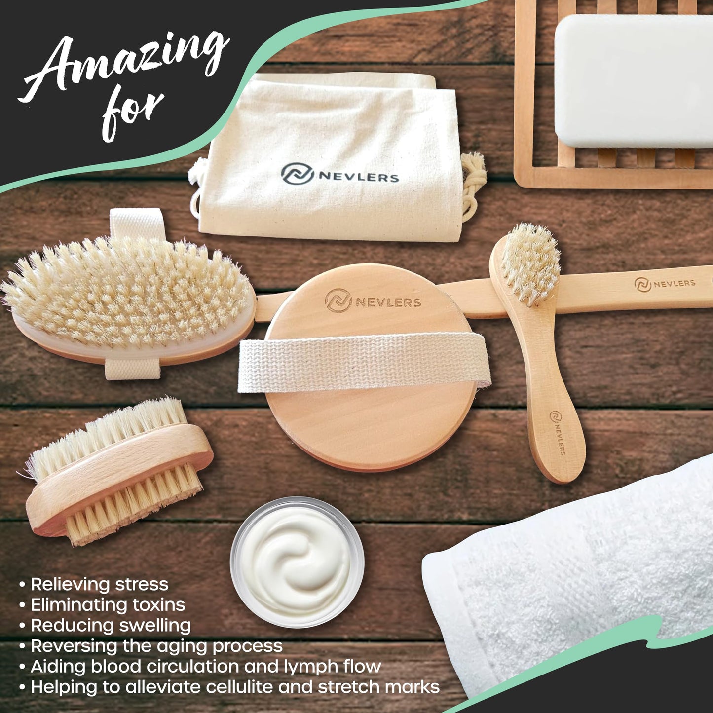 Nevlers Natural Boar Bristle Dry Brush for Body Massage 5-Piece Set
