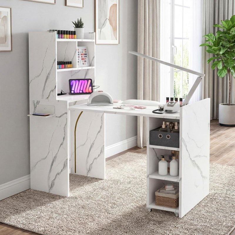 MOMOKOVA Foldable Manicure Table Nail Desk, Extendable Nail Station with Charging Station, Storage Shelf & Fabric Drawer, Wall Mount Nail Tech Table Modern Multipurpose Table for Home & Office, White